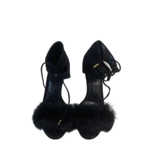 Michael Kors Black Remi Open Toe Dyed Rabbit Fur Strappy High Heel Shoes 7.5 - Picture 1 of 5